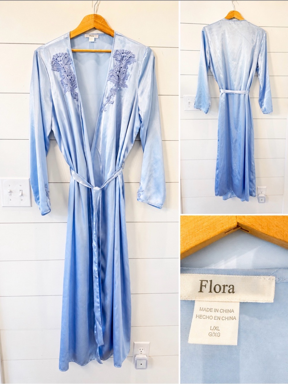 Light Blue Satin Embroidered Long Robe with Tie Belt